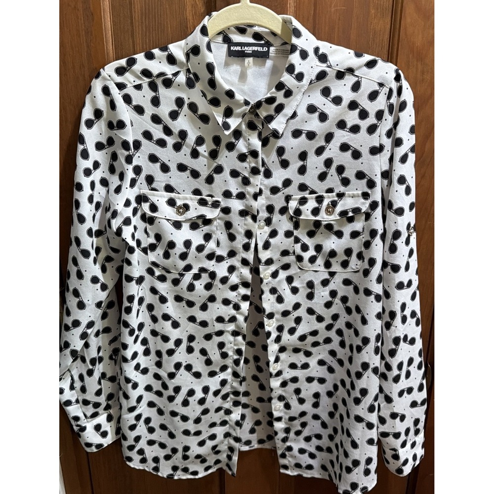 Karl Lagerfeld Black & White Sunglasses Print Shirt Size Small